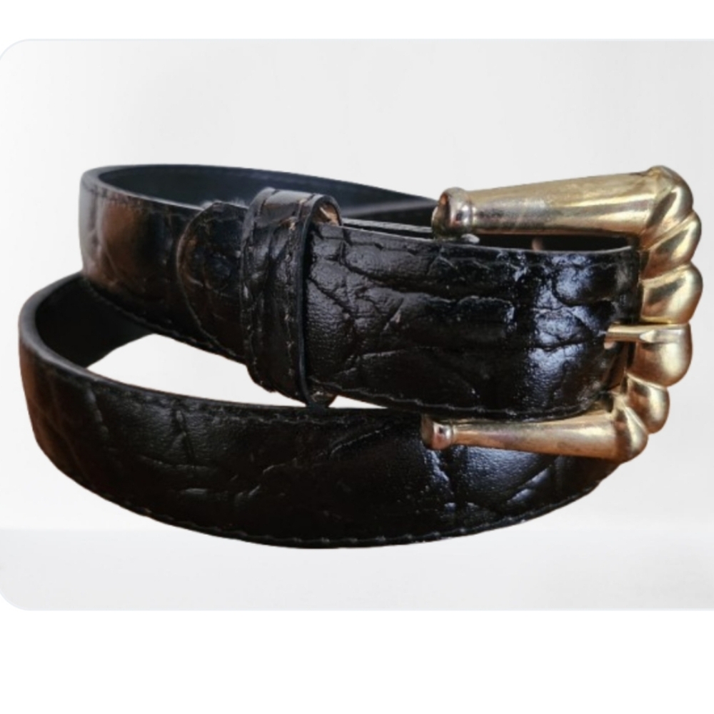 Mexico Dark Brown Faux Leather Textured Belt Gold Tone Metal Buckle